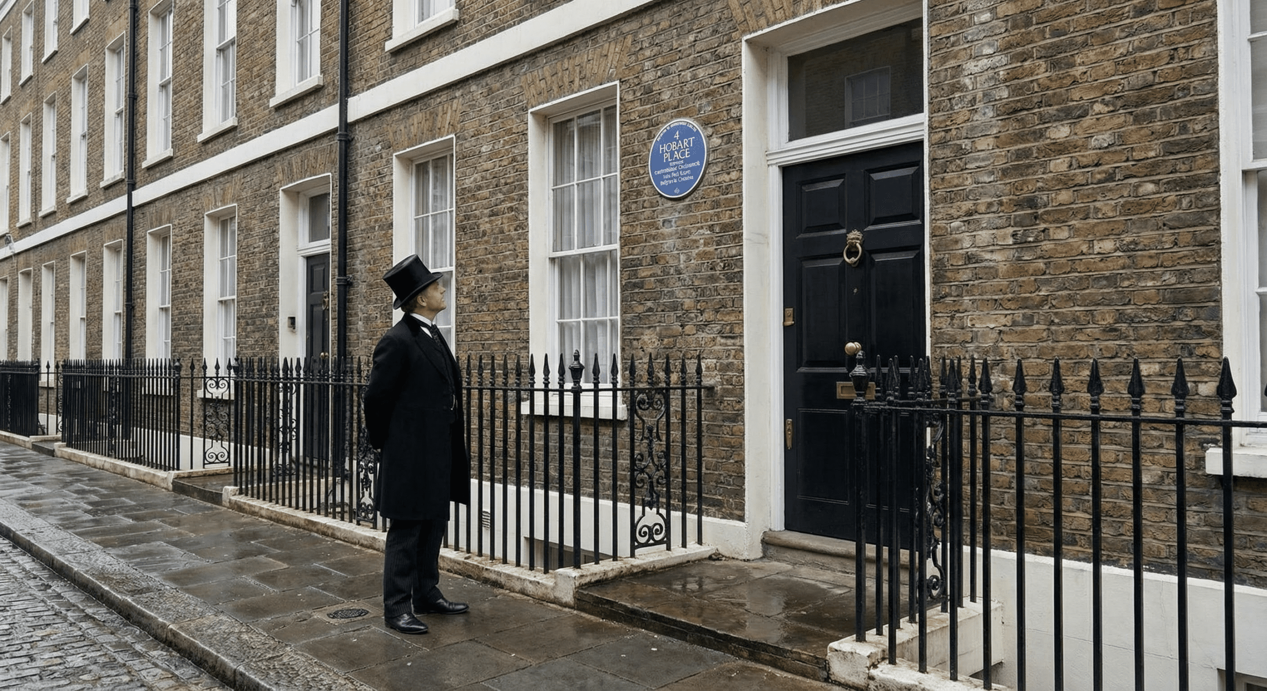 Belgravia terrace house façade representing 4 Hobart Place with a blue commemorative plaque, a gentleman looking up at it