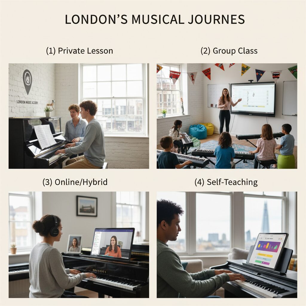 Collage of London piano lesson formats: one‑to‑one studio, group class, online lesson, self‑practice at home