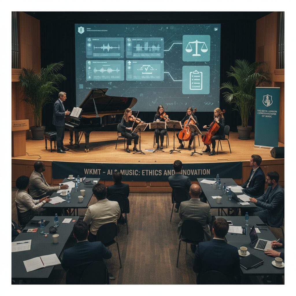 WKMT instructor leading a masterclass on integrating AI into classical practice and performance at a London conservatoire.