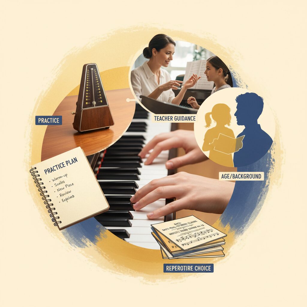 Montage of piano learning paths in London: private lessons, group classes, online and self‑teaching