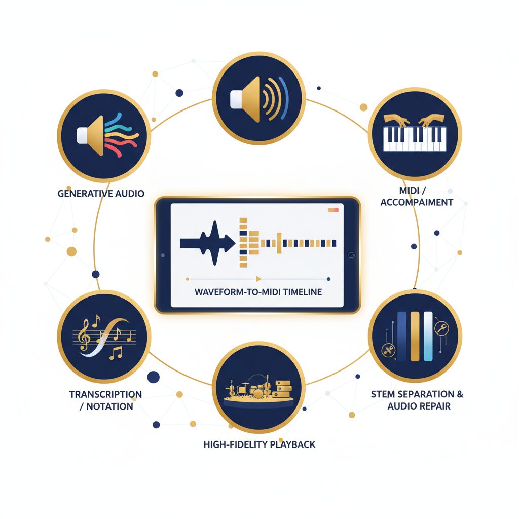 Infographic showing categories of AI music tools: generative audio, MIDI accompanists, transcription to notation, stem separation and orchestral mock‑ups.
