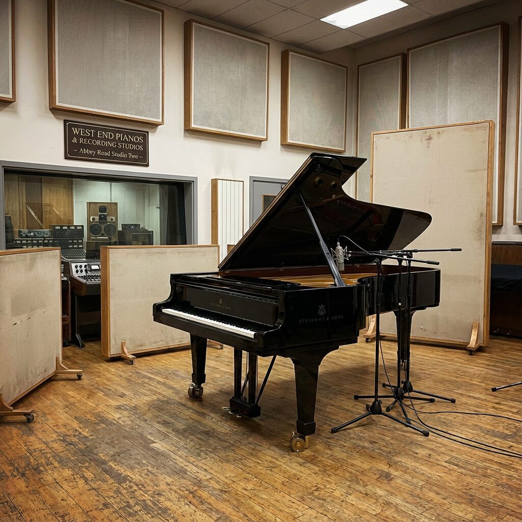 A Steinway grand piano inside a historic recording studio live room with vintage console visible through the control-room glass.