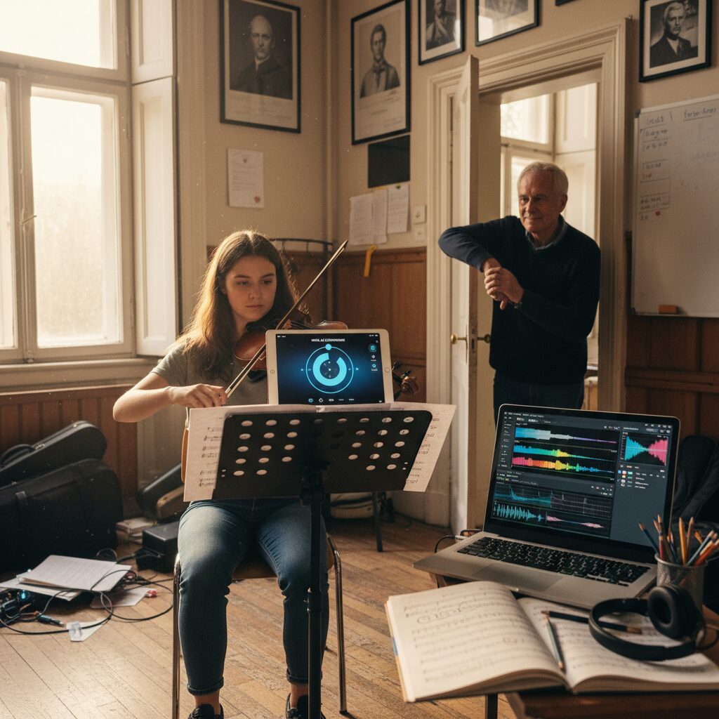 WKMT-led conservatoire session showing AI tool interfaces alongside legal and ethical icons: shield, scales and licence checklist.
