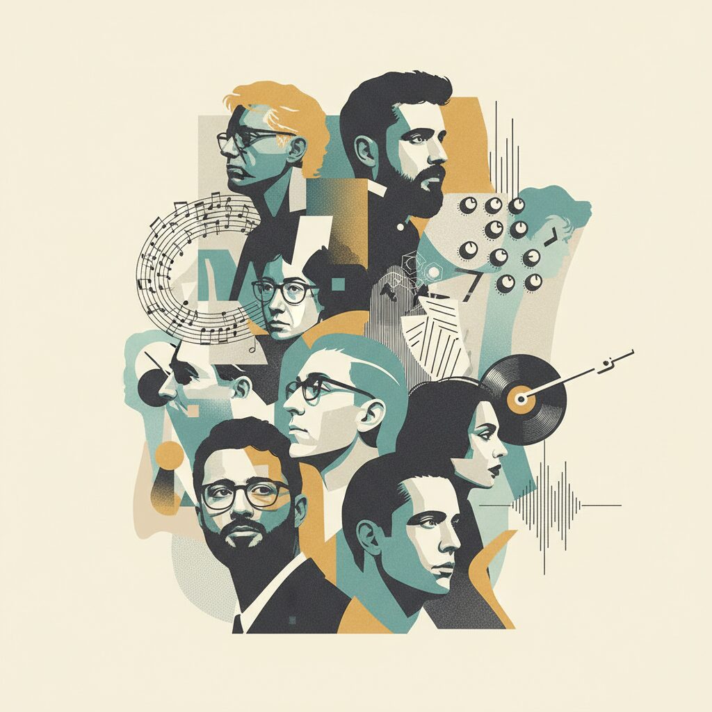 Modern illustration featuring layered silhouettes with orchestral and electronic symbols for contemporary composers
