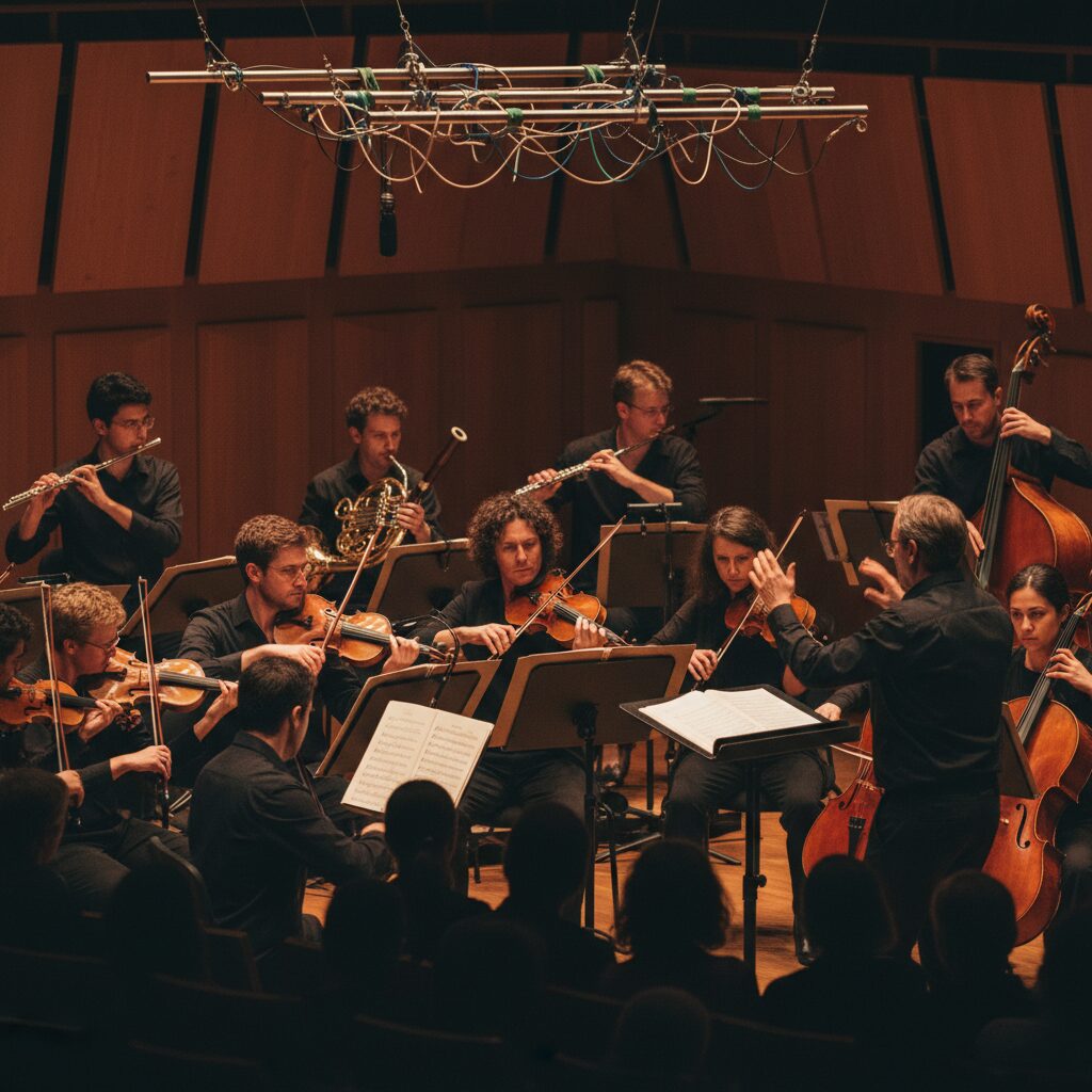 Contemporary chamber ensemble performing onstage in an intimate London hall with close mics and warm lighting