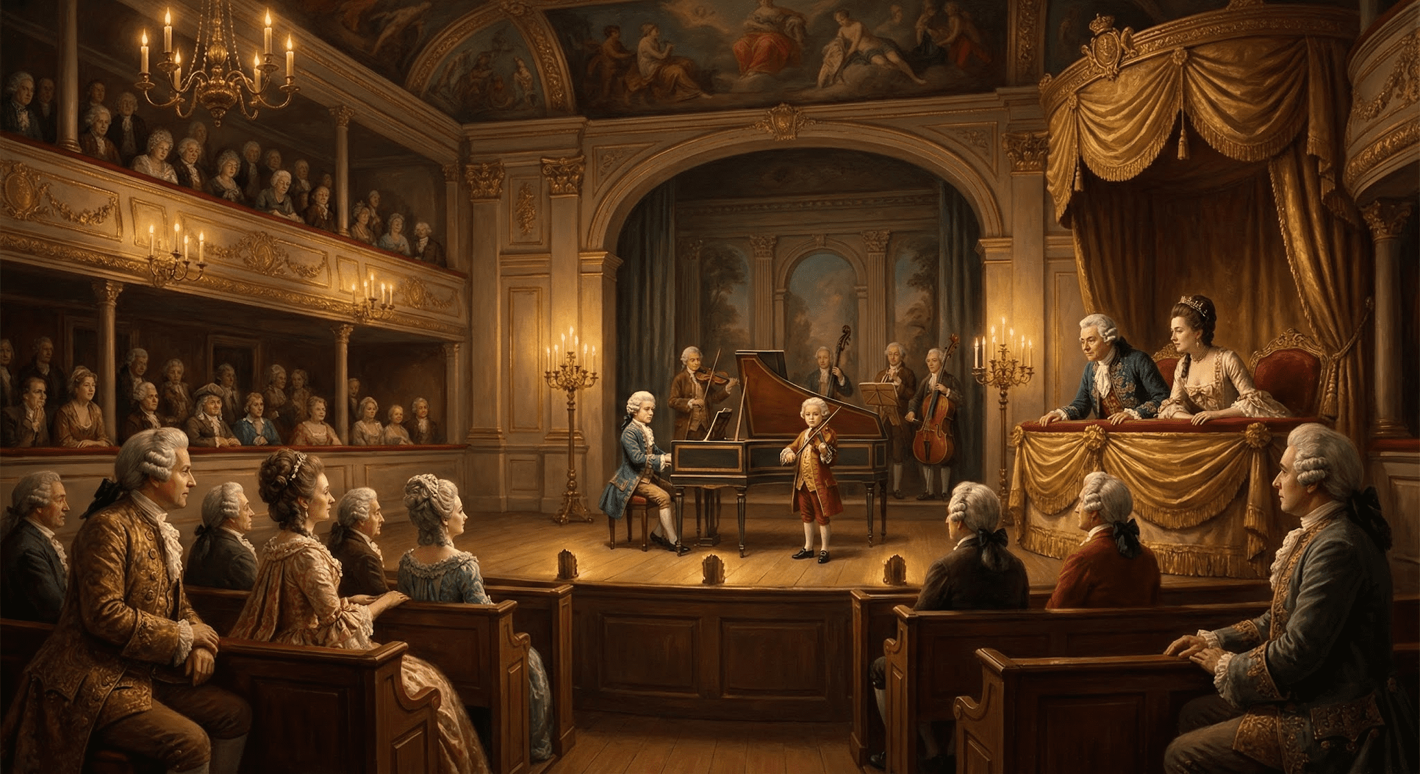 Candlelit 18th-century London theatre scene depicting the premiere atmosphere for Mozart’s First Symphony in the Haymarket