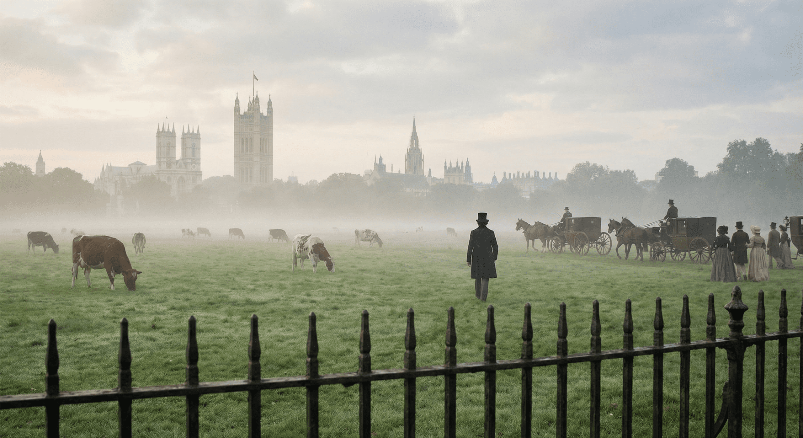 Early-Romantic view of Mendelssohn arriving in London in 1829, looking across a green meadow with cows towards the towers of Westminster