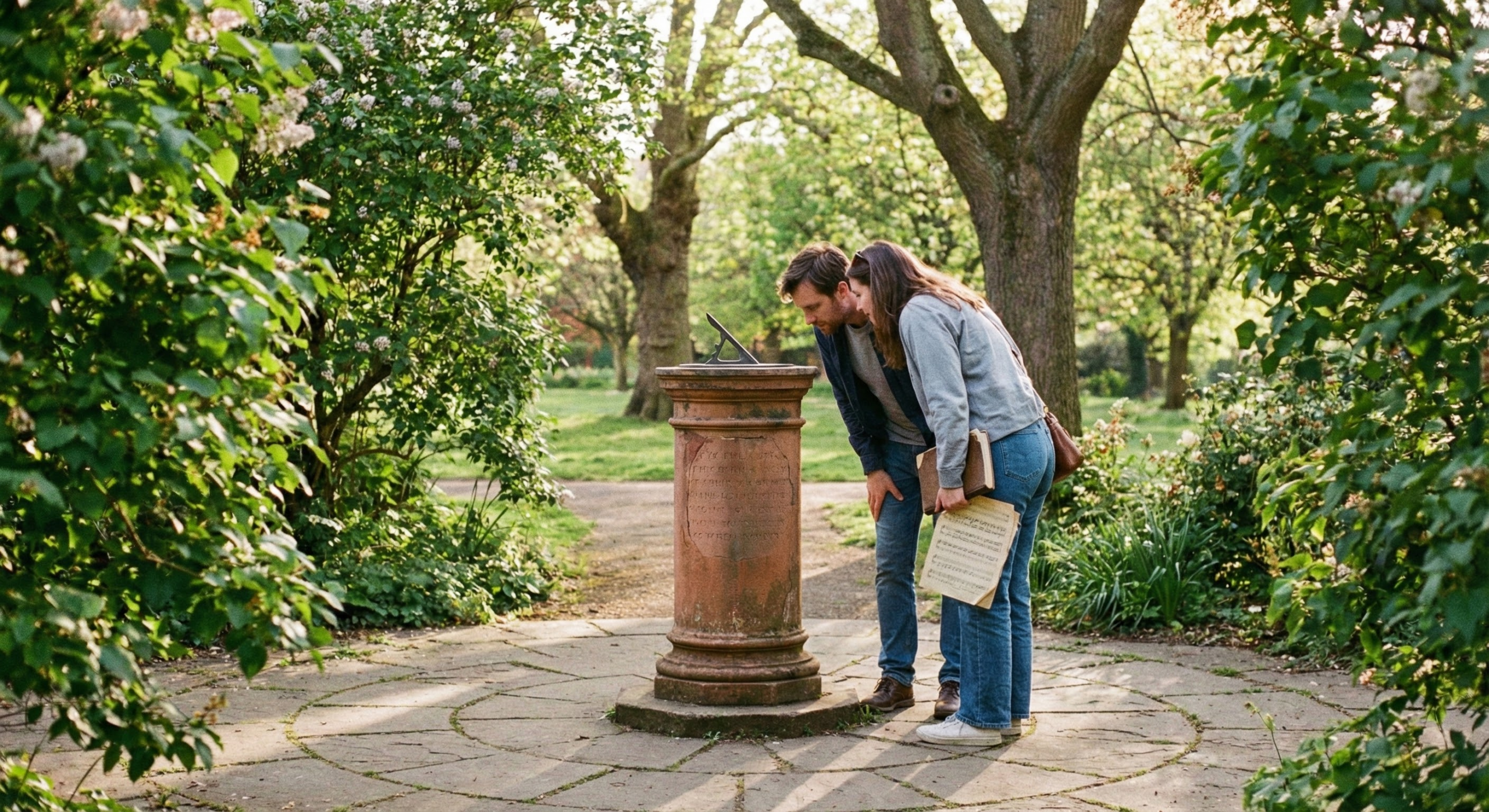 Another view of the Mendelssohn Sundial in Ruskin Park with visitors nearby, late-spring greenery in gentle light