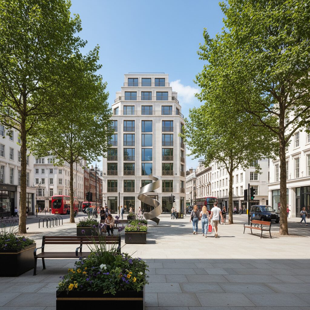 Contemporary wide-angle view of the Hanover Square Rooms site with the Bond Street (Elizabeth line) entrance, commercial façades and St George’s Hanover Square glimpsed to the south