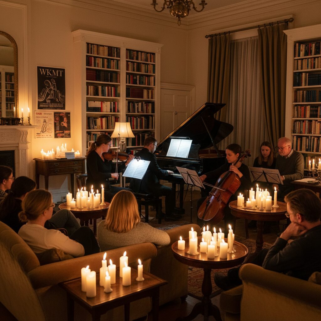 Inviting WKMT salon with audience close to piano and chamber players, a warm golden scene encouraging live engagement beyond the Mozart effect