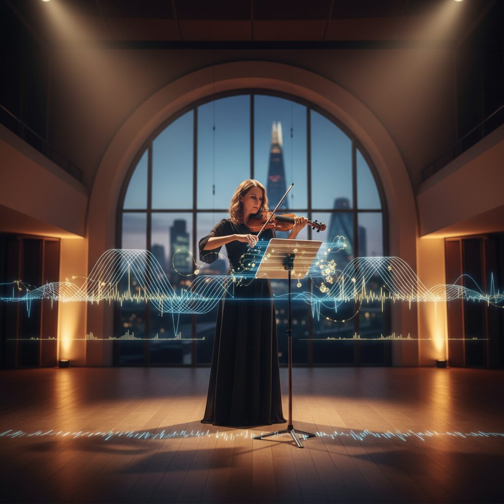 Solo classical musician on a London stage using a tablet score with AI overlays following rubato and ensemble cues.
