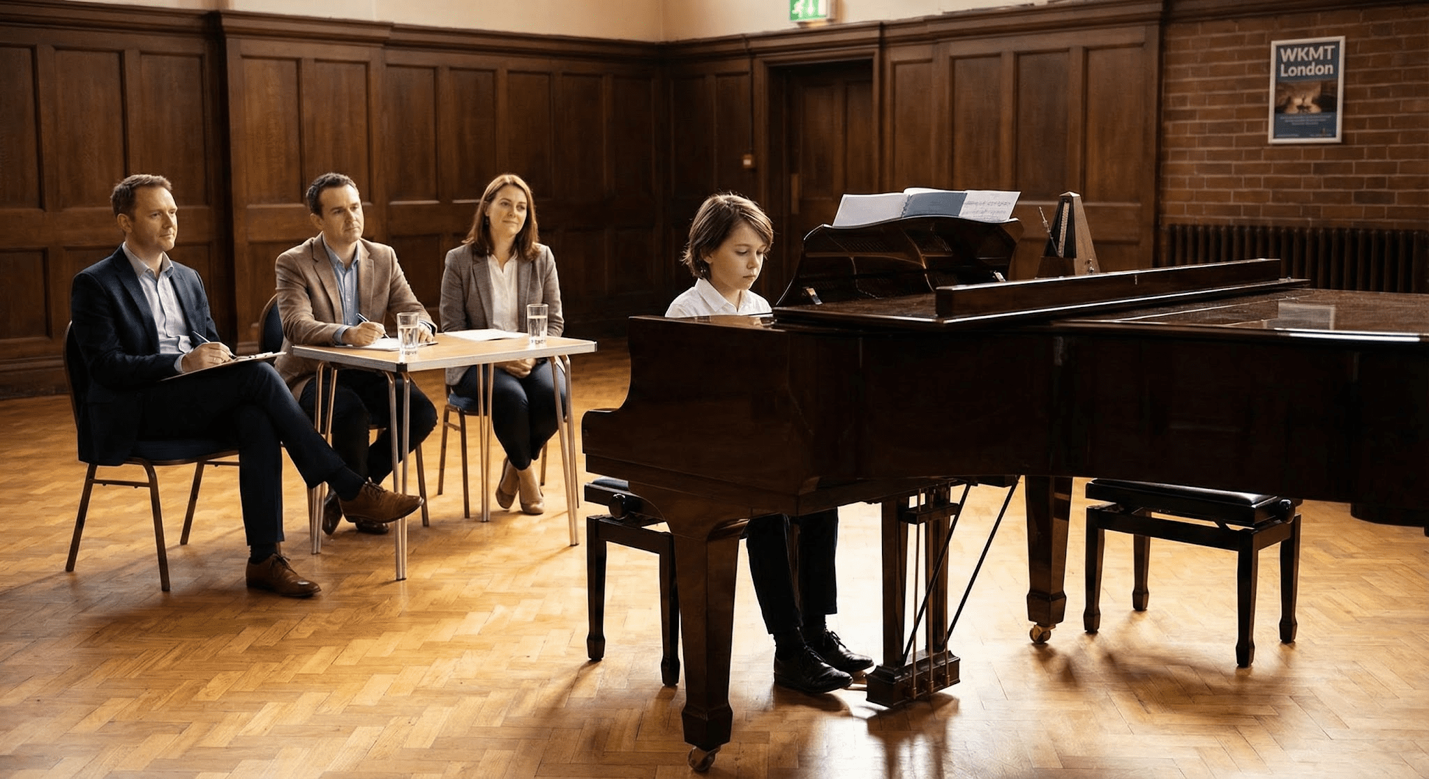 An 11+ piano audition in a London school hall, with a child performing at a grand piano while the panel listens.