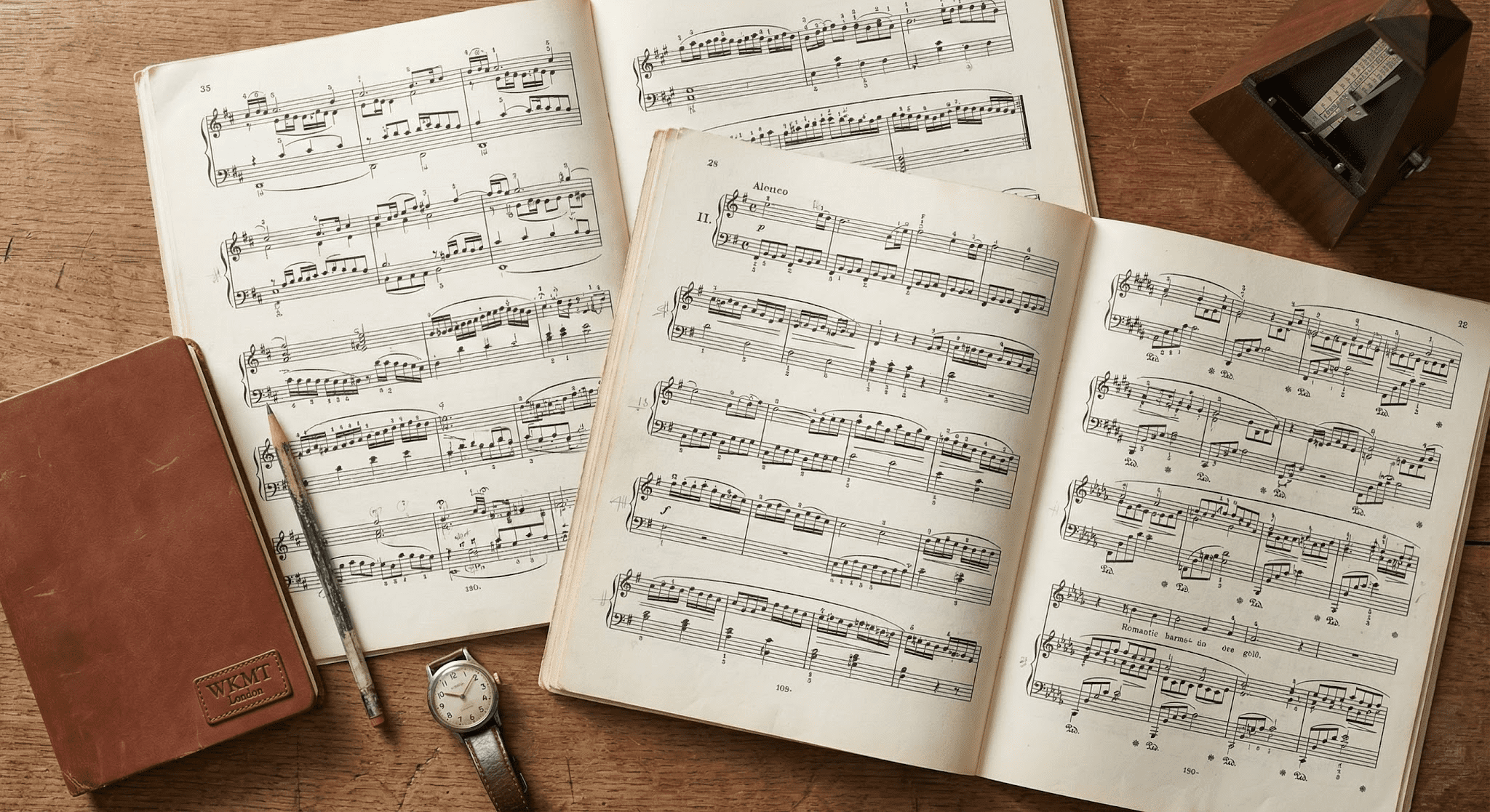 Top-down view of audition scores and a practice notebook on a desk, showing preparation for a piano audition programme.
