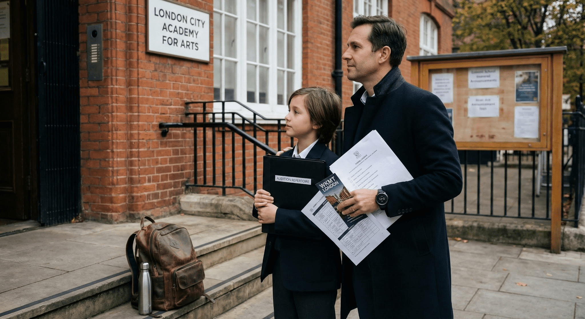 Parent and child outside a London school entrance on audition day with a checklist, timetable and music folder, ready to go in.