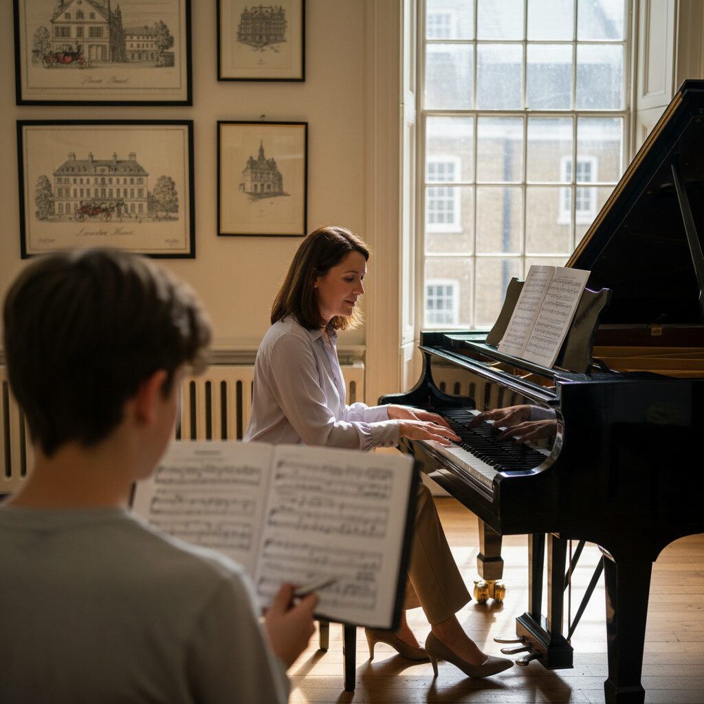 London masterclass on Chopin with teacher and student in historic room