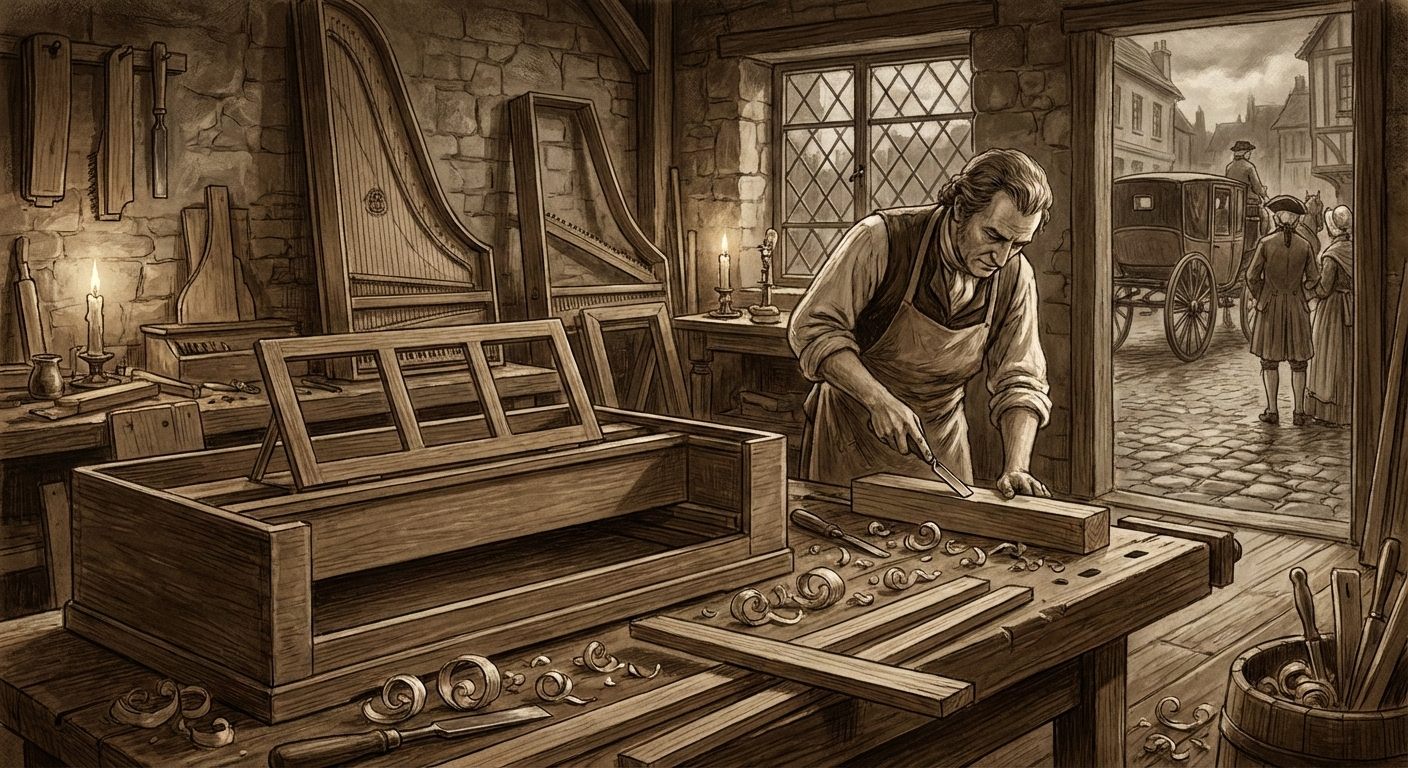 18th-century London workshop scene showing a craftsman shaping wood beside an early square piano case, evoking the Shudi-to-Broadwood transition from harpsichords to pianofortes