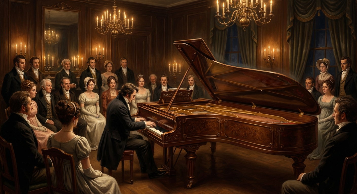 Candlelit early 19th-century London salon with a composer-pianist at a powerful grand piano, suggesting Broadwood’s concert presence and evolving pedal effects