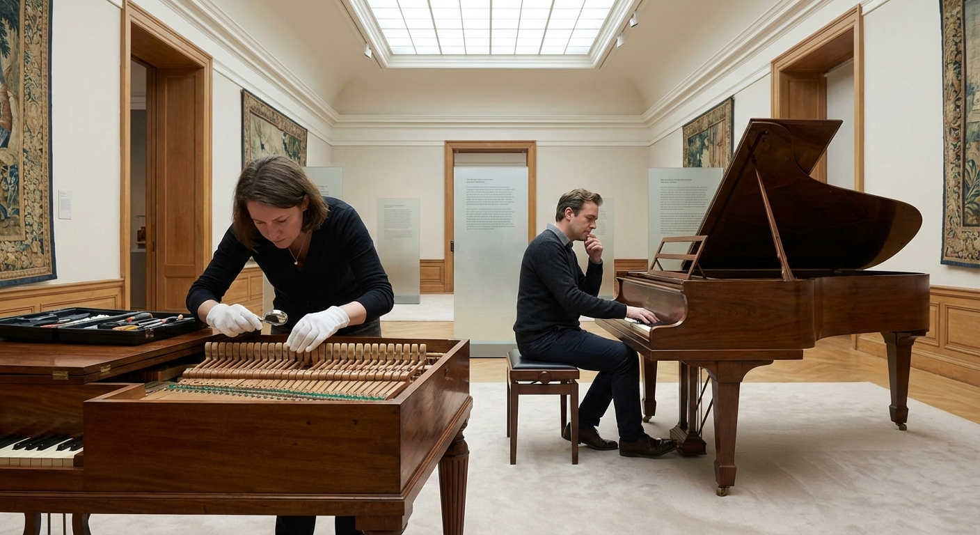 Modern museum scene with a conservator examining a restored historic square piano and an early grand while a pianist tests touch, evoking Broadwood restoration and research