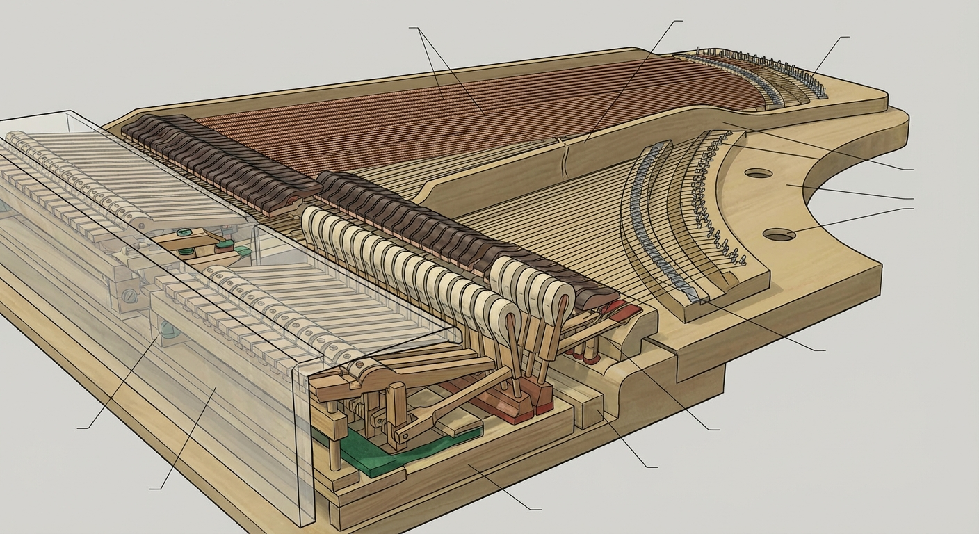 Cutaway view of an early 19th-century English grand piano showing deep-touch action parts, divided bridge, copper-wound bass strings and triple stringing, illustrating Broadwood-era construction
