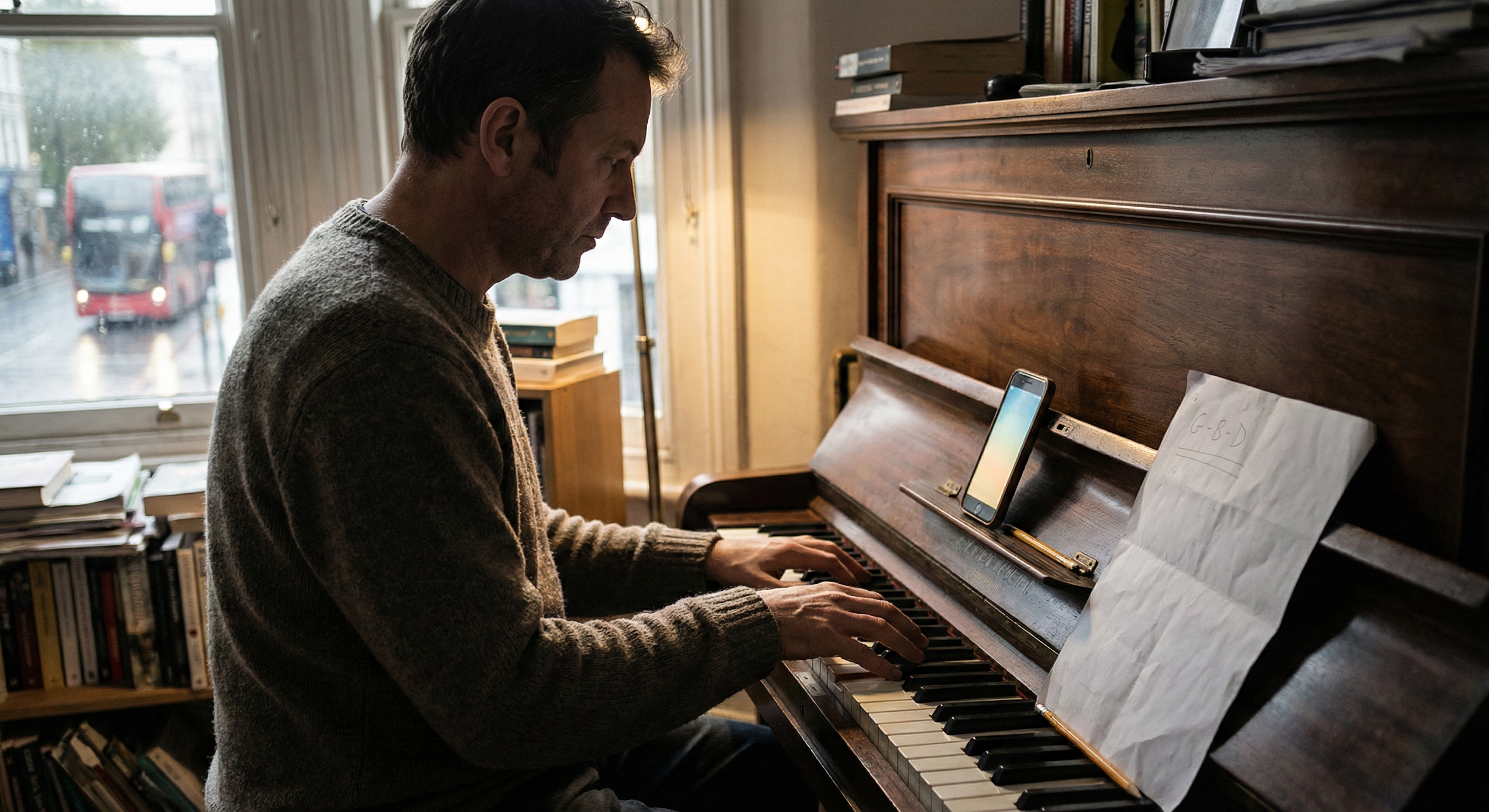 London-based composer-pianist at an upright piano recording a motif idea on a smartphone beside manuscript paper