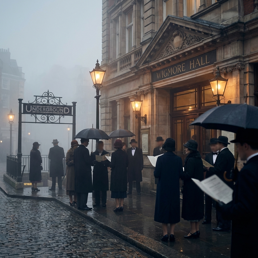 A cinematic London evening outside a grand concert hall, capturing the hush before a piano recital in Vladimir Horowitz’s era.