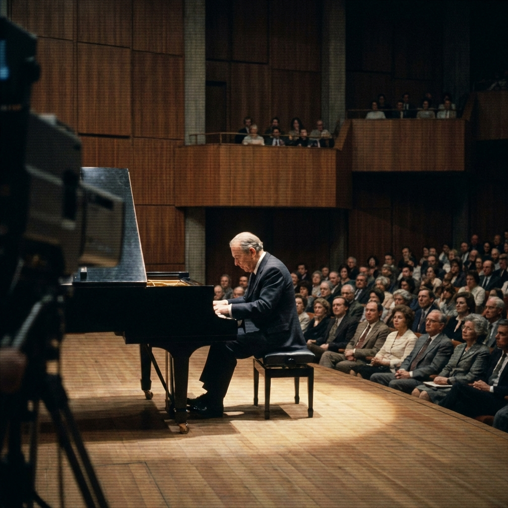 An older pianist returning in 1982 to a modernist London concert hall inspired by the Royal Festival Hall, with a subtle TV-broadcast feel.