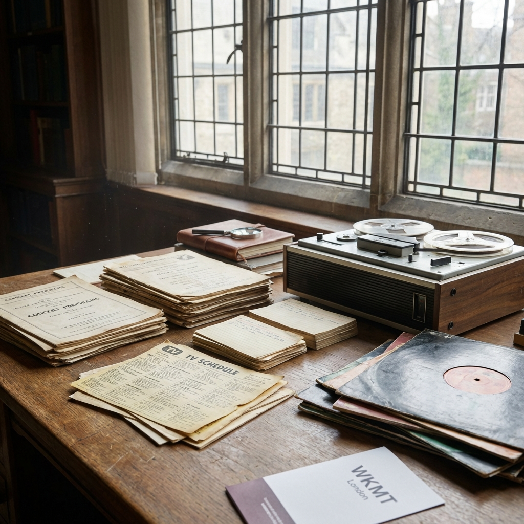 A London archival research desk with programmes, broadcast clippings, catalogue cards, tape and vinyl, evoking how Vladimir Horowitz’s legacy is preserved.