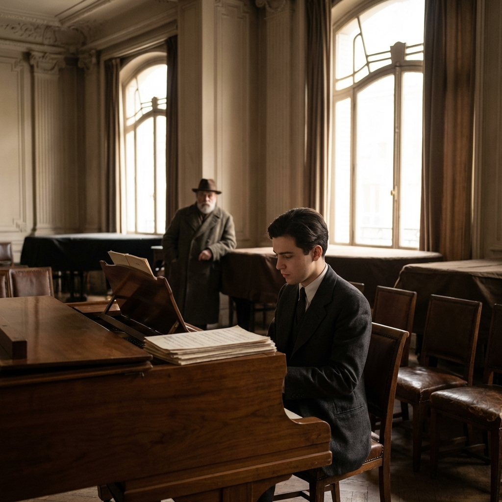 Young Nikita Magaloff at the piano in a Paris Conservatoire setting, late 1920s—disciplined study and emerging artistry.