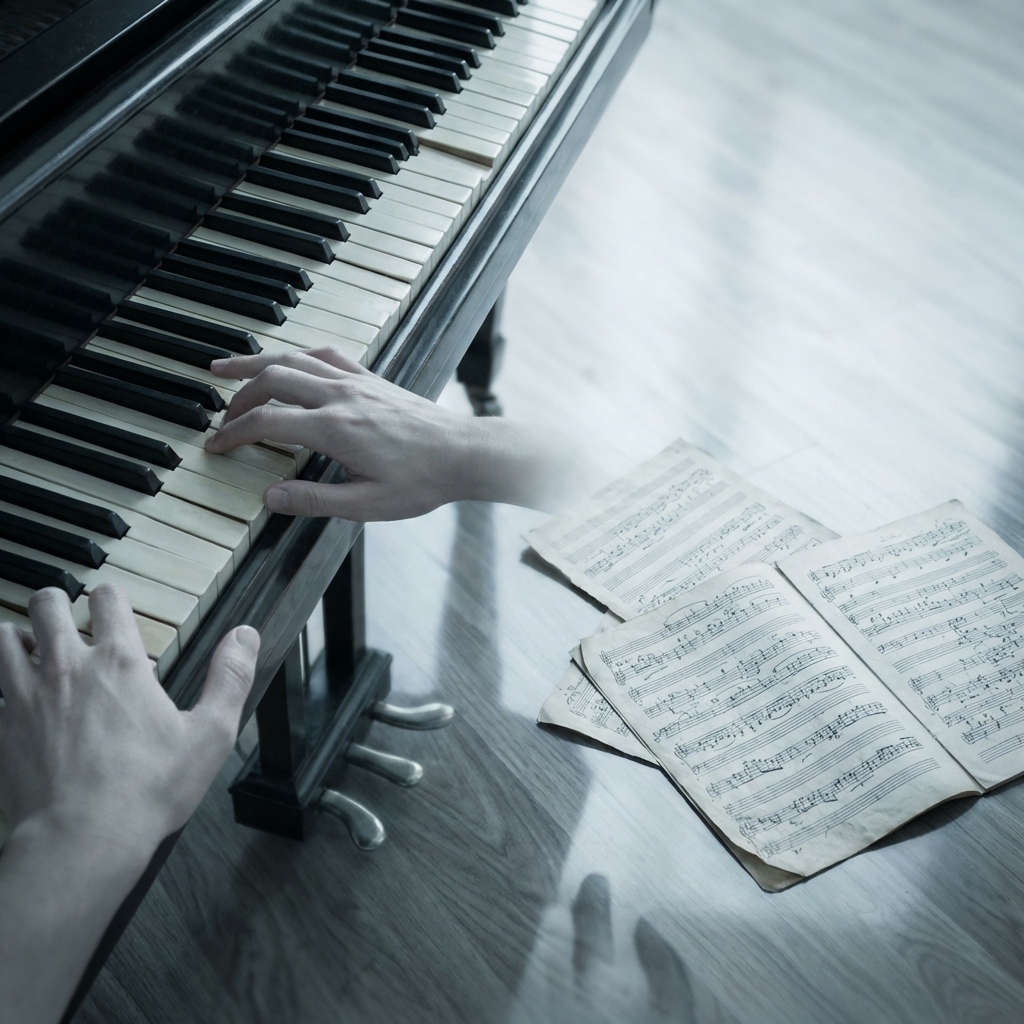 Close-up of hands on piano keys beside manuscript pages—an image evoking Nikita Magaloff’s Chopin clarity, inner voicing and restrained rubato.
