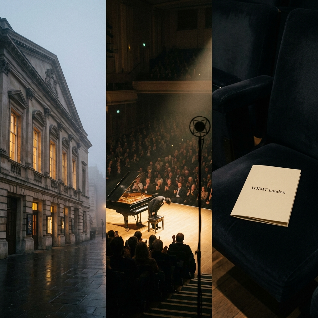 A London recital-hall scene at dusk with an attentive audience and a pianist under warm light—evoking Nikita Magaloff’s London connection and broadcasts.