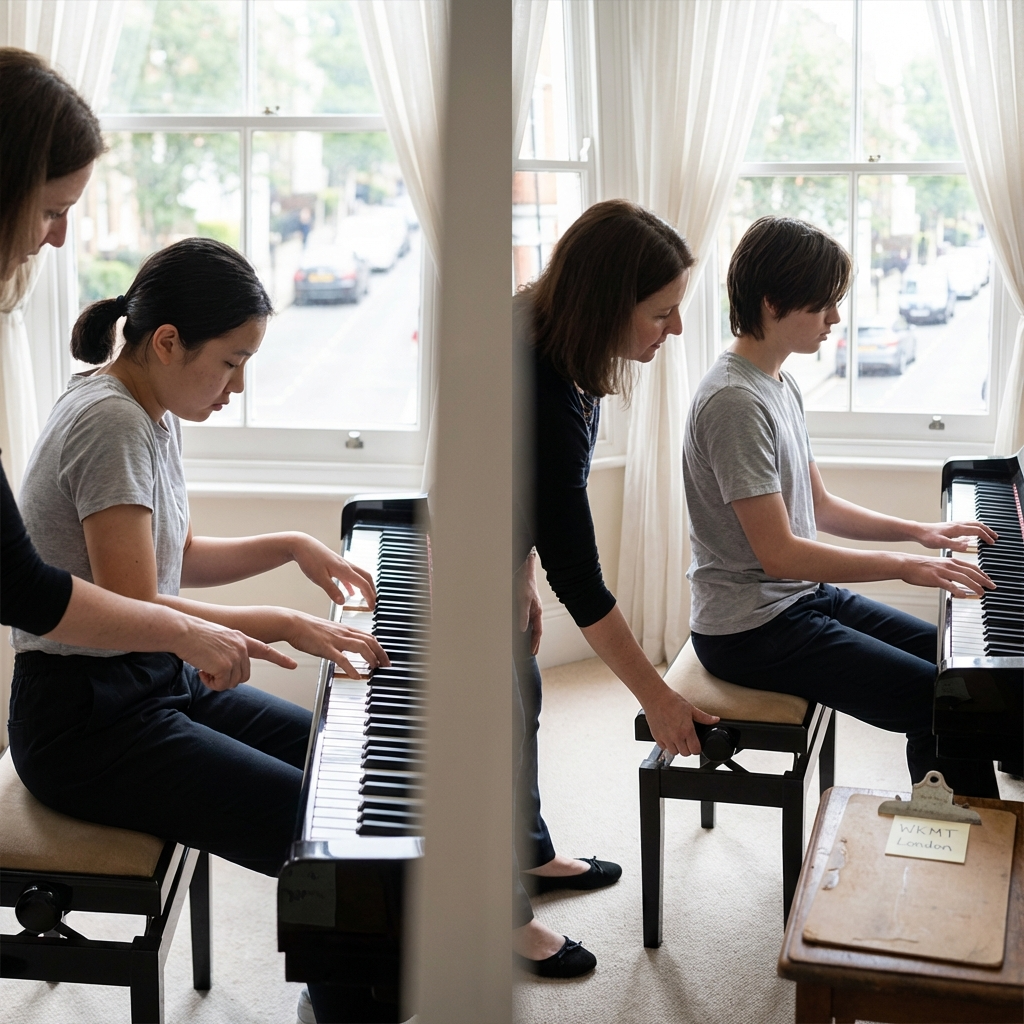 Teacher demonstrating bench height and neutral wrist alignment in a London studio to support healthy piano technique