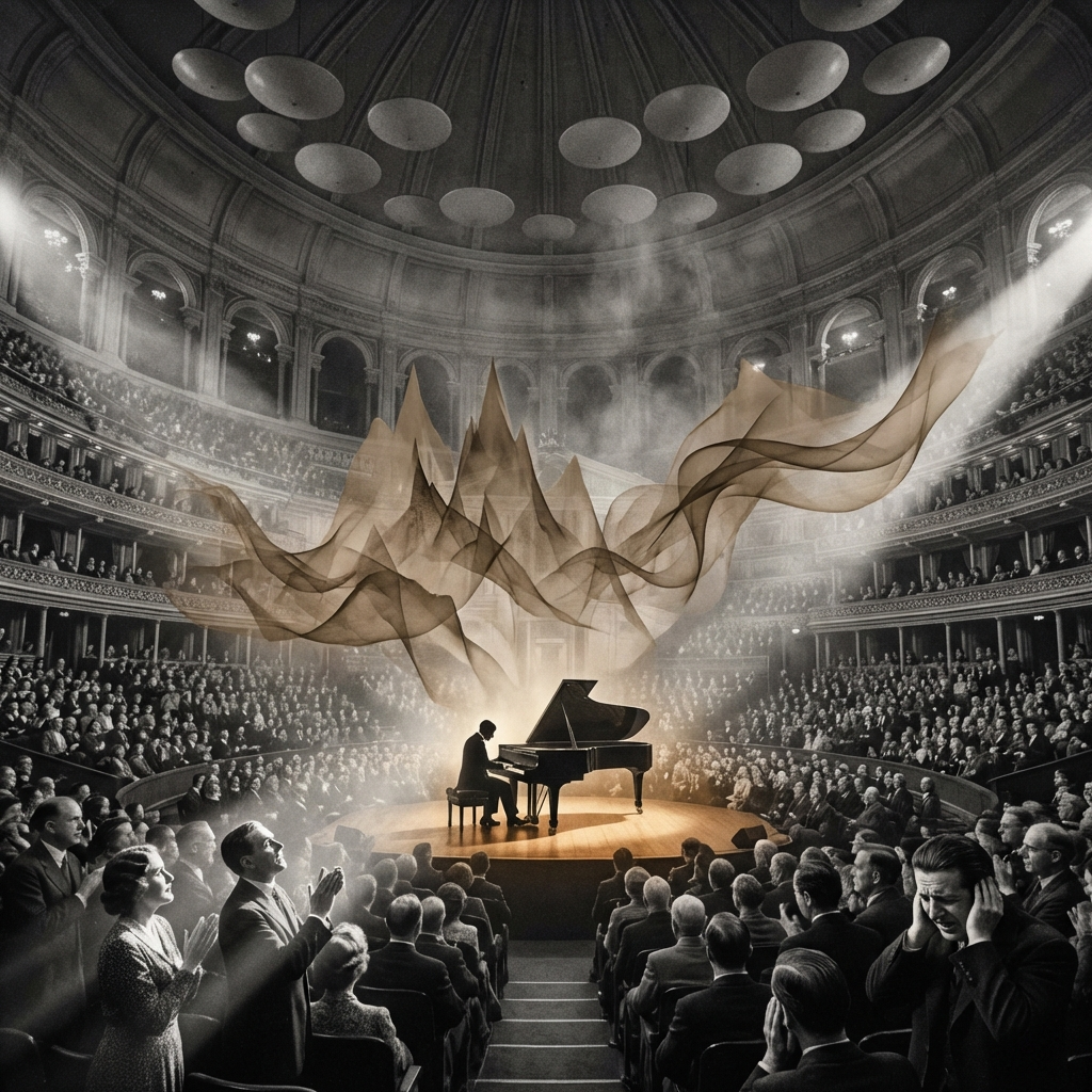 A 1927-style piano recital in a vast domed hall inspired by the Royal Albert Hall, with a divided audience reacting to a virtuoso performance.