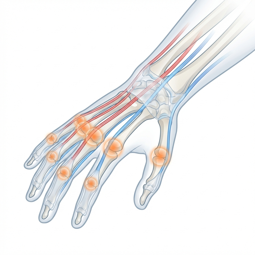 Anatomy illustration of a pianist’s hand and forearm showing bones, joints and tendon pathways supporting piano finger technique
