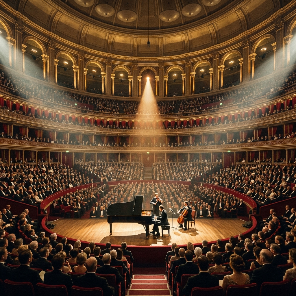 London concert hall in the late 1920s with a piano trio performing on stage to an elegant audience in a grand circular venue
