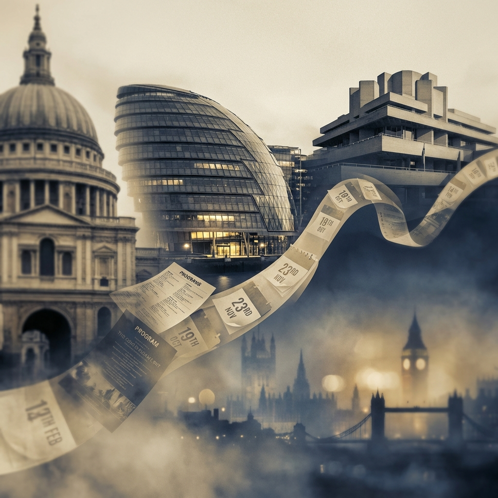 Montage-style London timeline of concert venues connected by programmes and dates, evoking key points in Vladimir Ashkenazy’s London performance history