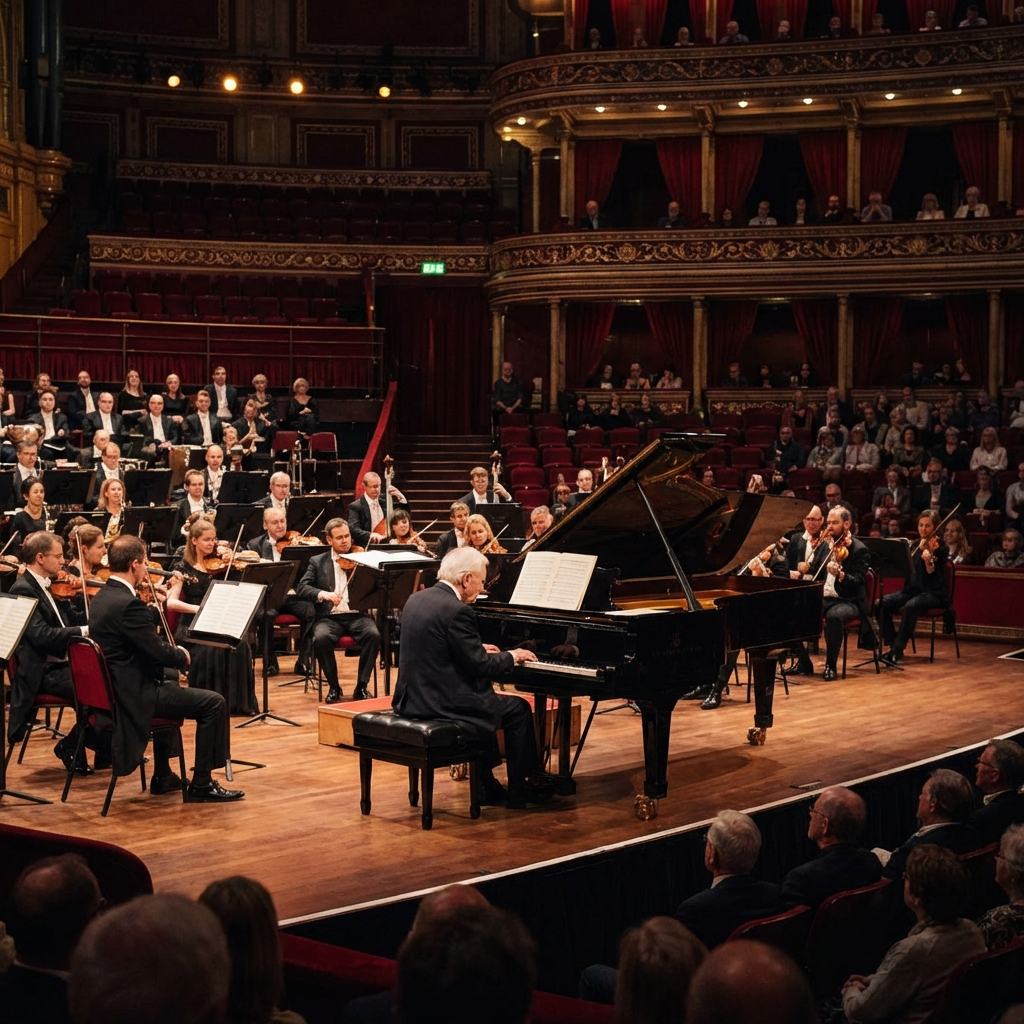 Editorial-style London concert hall scene with a pianist-conductor at a grand piano and orchestra behind, evoking Vladimir Ashkenazy’s presence on major London stages