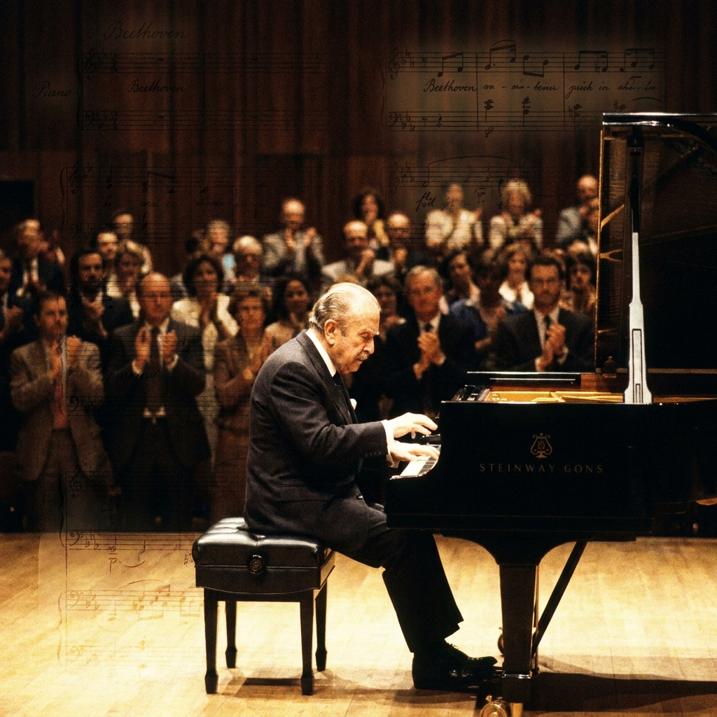 Claudio Arrau at the Royal Festival Hall, London (3 June 1986), seated at a grand piano under warm stage lights as the audience rises in ovation.