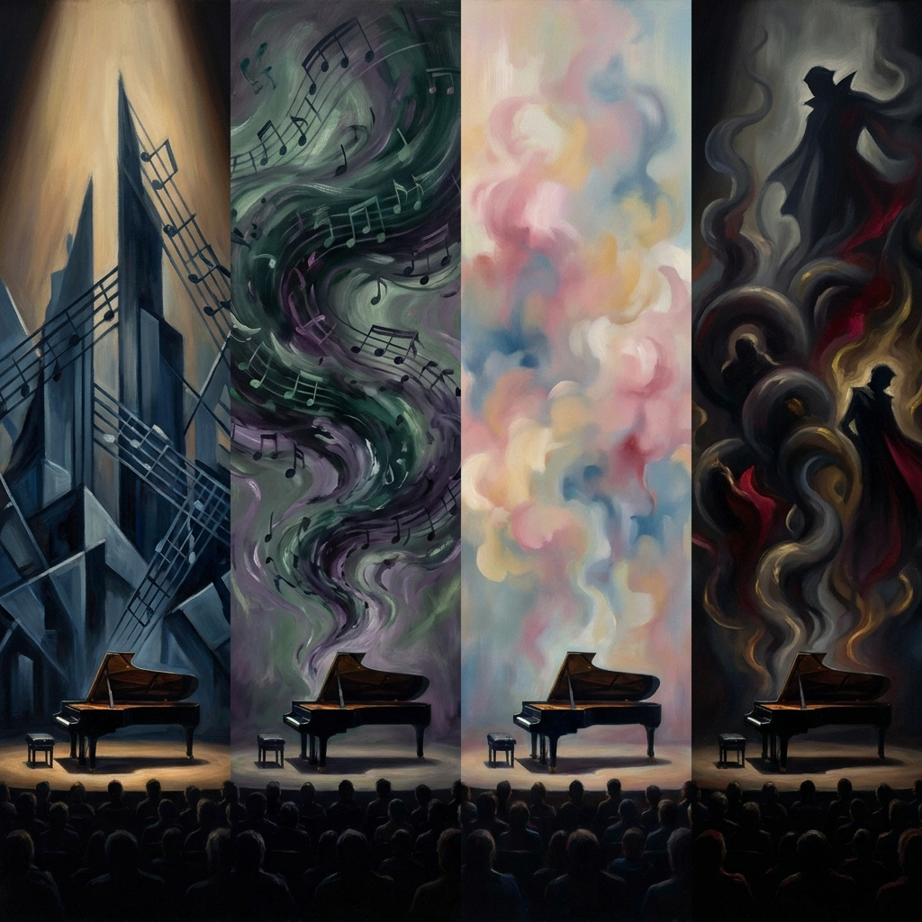 Montage evoking Claudio Arrau’s landmark London recital programmes (1975–1986) with abstract imagery for Beethoven, Schumann, Debussy and Liszt, unified by the Royal Festival Hall stage silhouette.