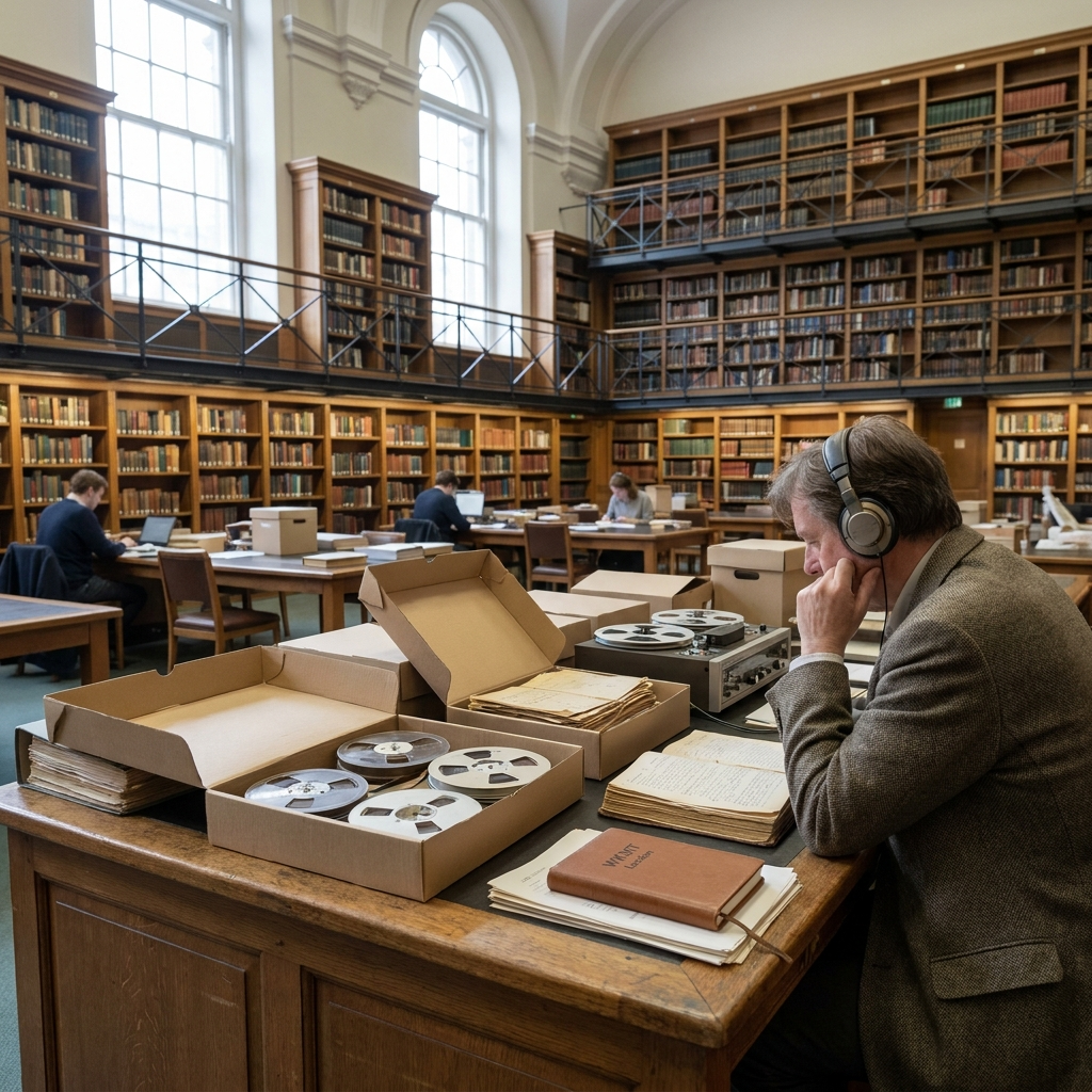 A British Library–inspired London reading room: a researcher with headphones at a wooden desk, archival boxes and reel-to-reel tapes beside them, in calm daylight.