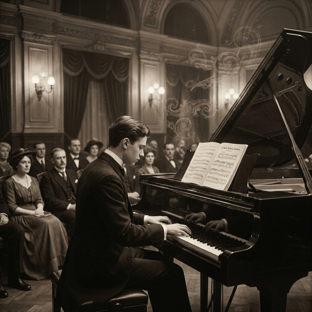 A teenage Claudio Arrau likeness performing Bach’s Goldberg Variations at London’s Aeolian Hall in 1920, in an Edwardian concert-hall interior.