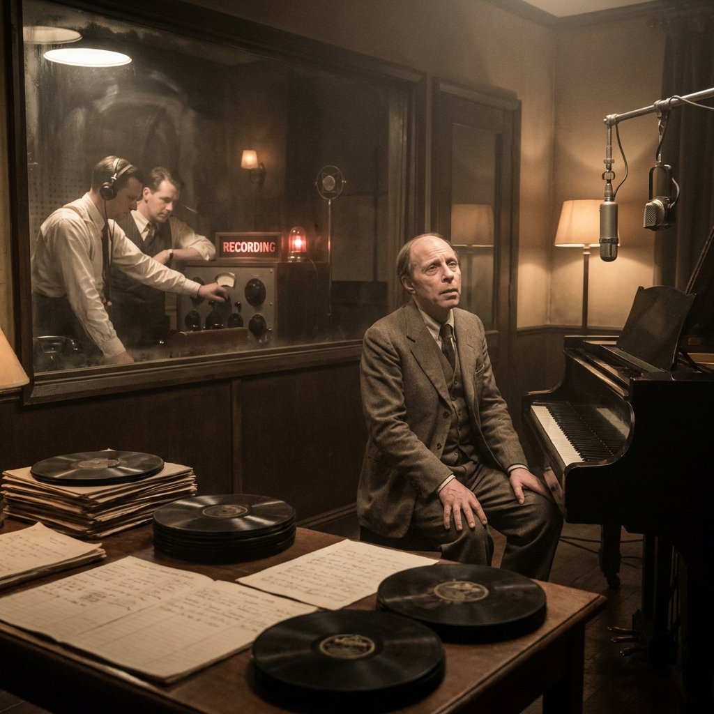 Alfred Cortot at a 1928 London recording session: grand piano, engineers behind glass, vintage microphones and 78 rpm masters in a shellac-era studio