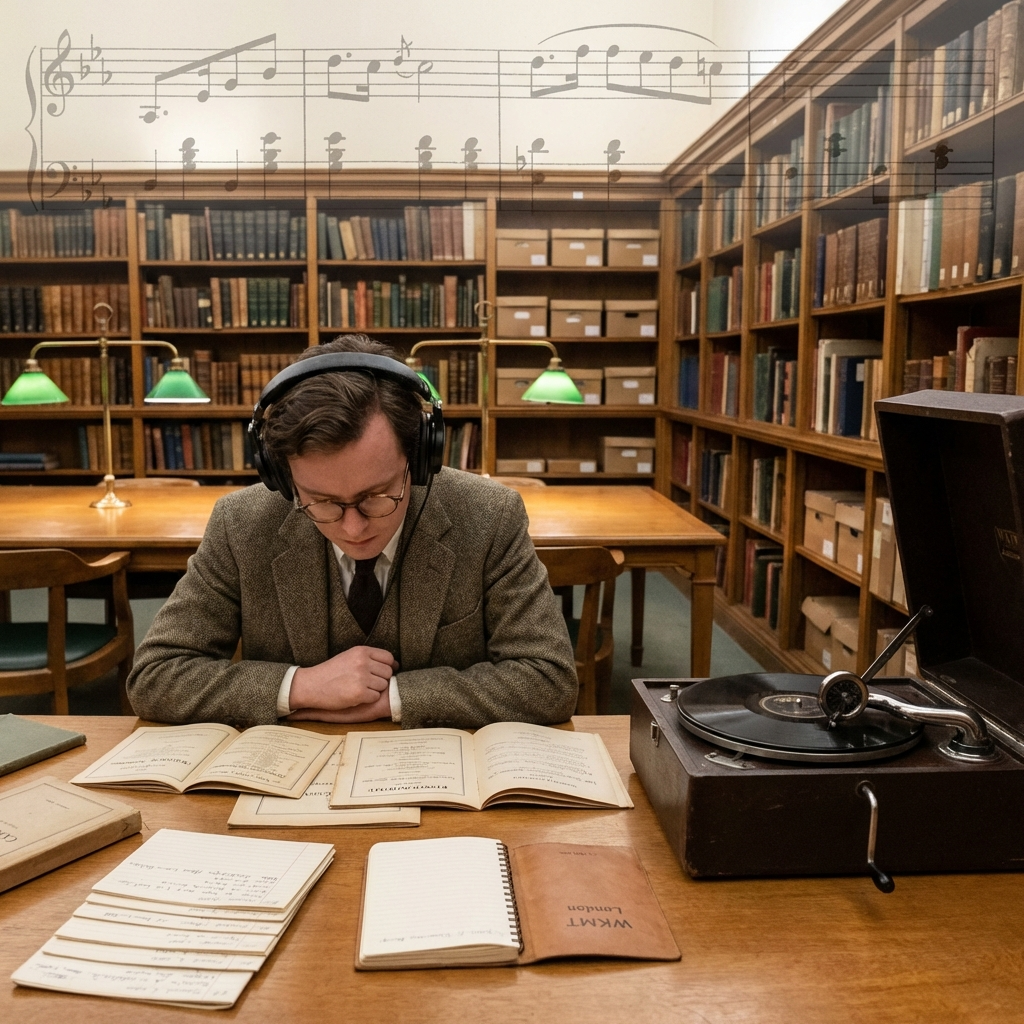 London archival listening room with a researcher wearing headphones, programmes and catalogue cards on a desk, and 78 rpm playback equipment nearby