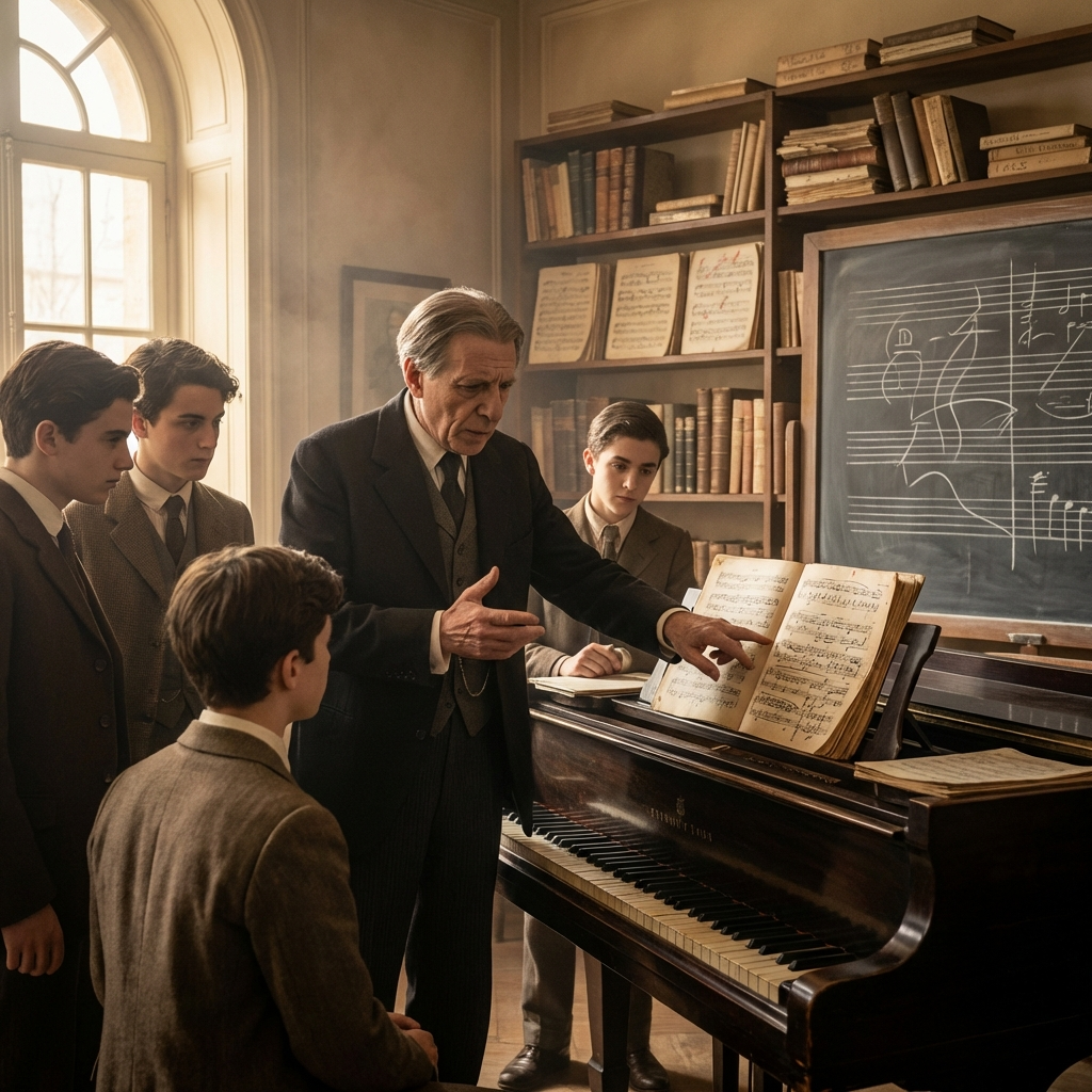 Paris music academy classroom evoking Alfred Cortot the teacher and editor: grand piano, students with annotated scores and a professor demonstrating phrasing