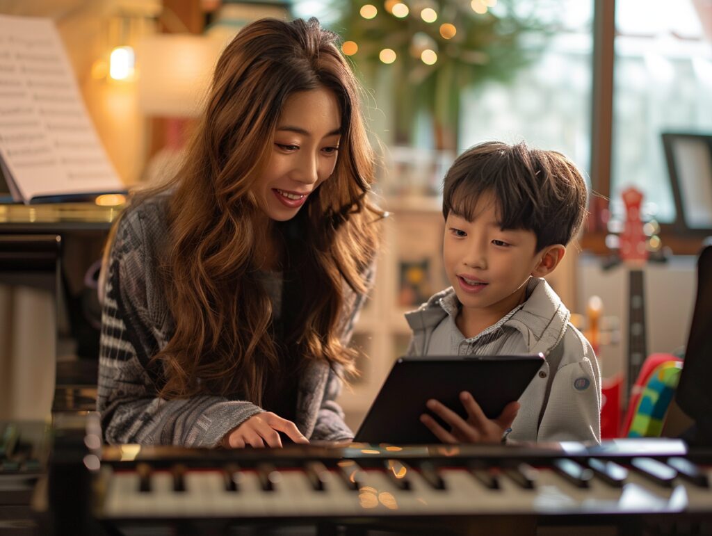 mum and kid having piano lesson