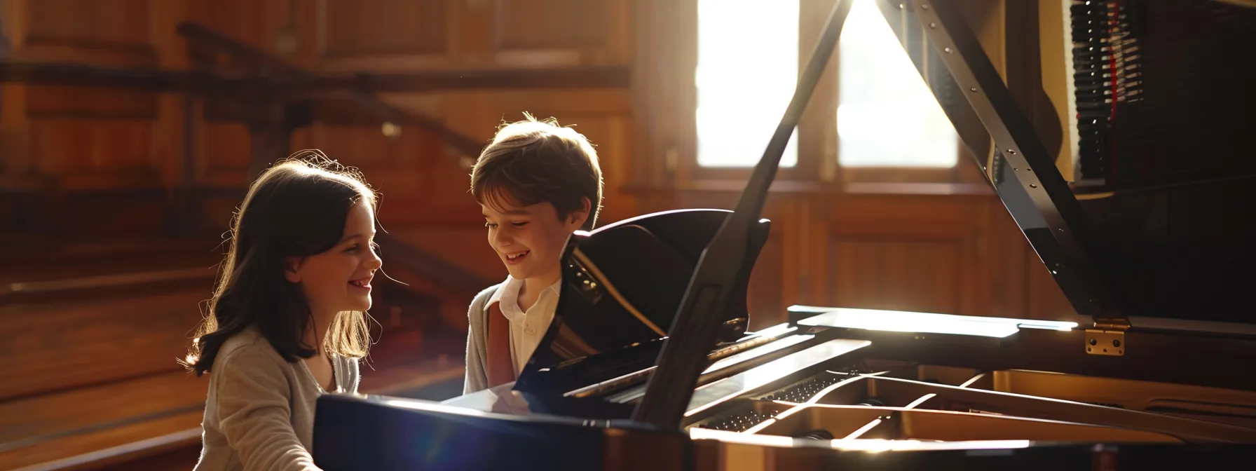 a child sitting at a grand piano, smiling while a patient teacher watches on with encouragement.