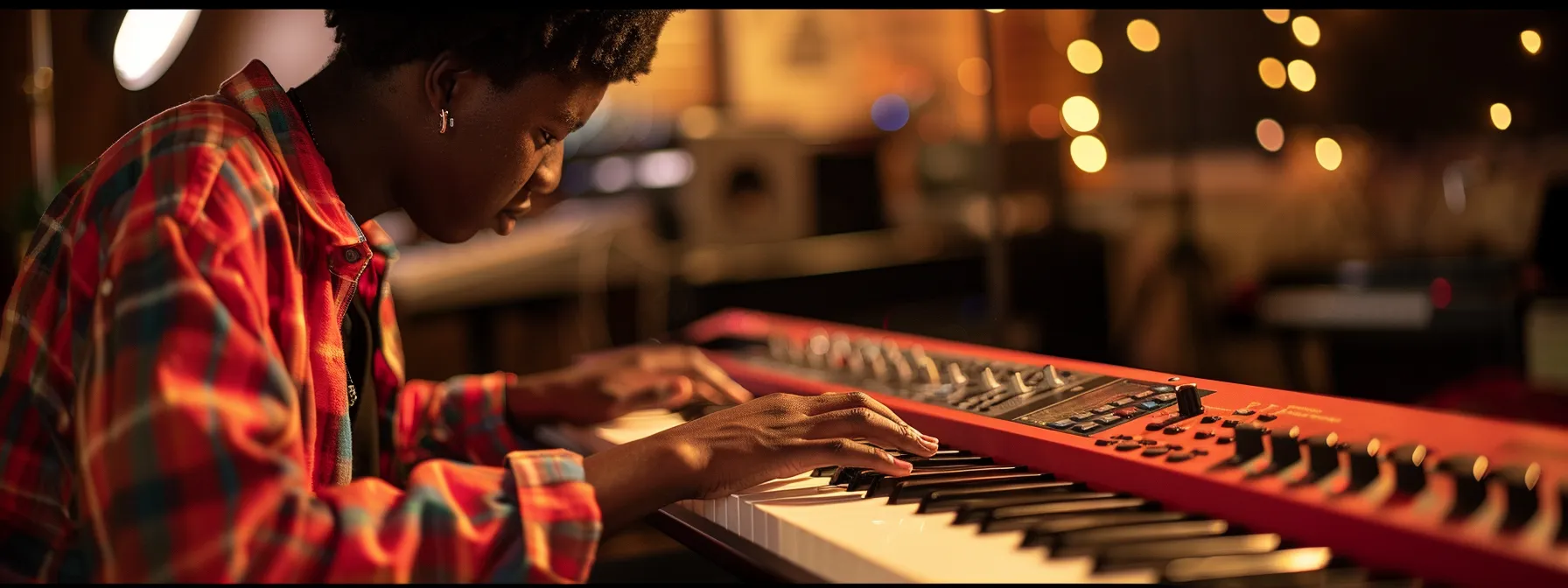 a student playing a keyboard with intense focus and determination in a vibrant and multicultural music studio.