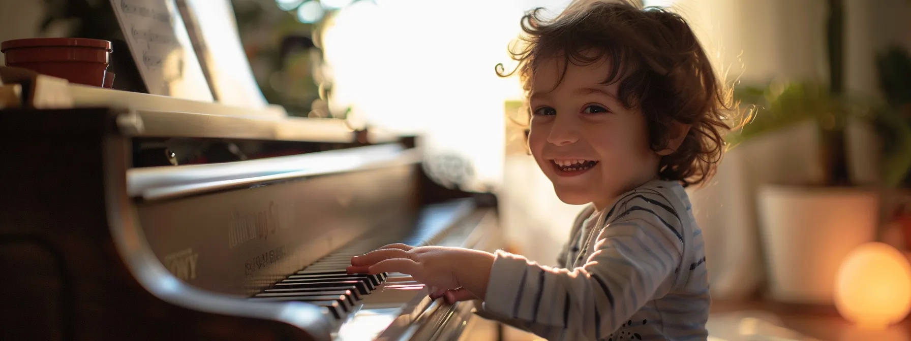 a 5-year-old child sitting at the piano, smiling and engaging with interactive technology during an online piano lesson.