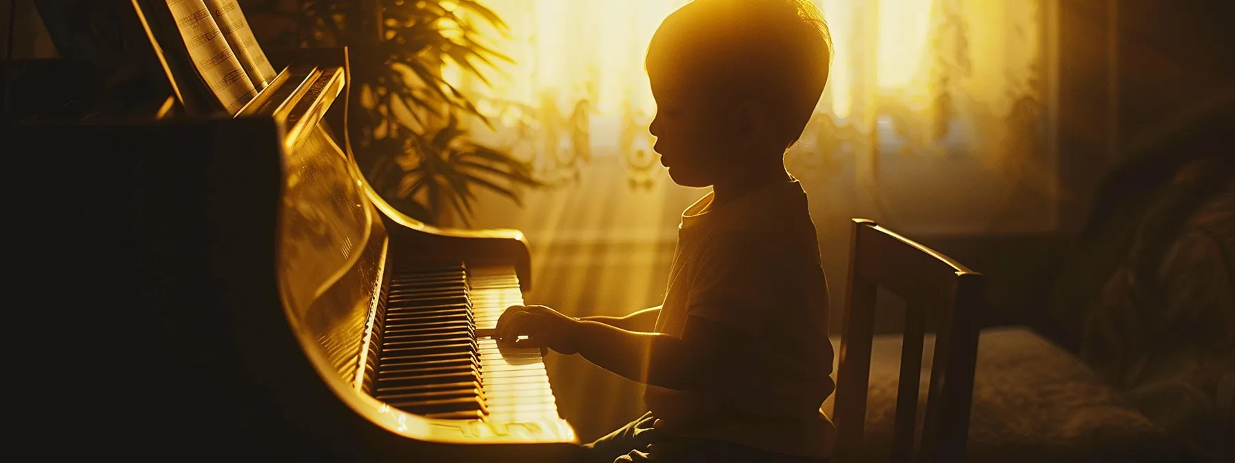 a child sitting at a piano bench, with a musical book open in front of them, ready to embark on their first piano lesson.