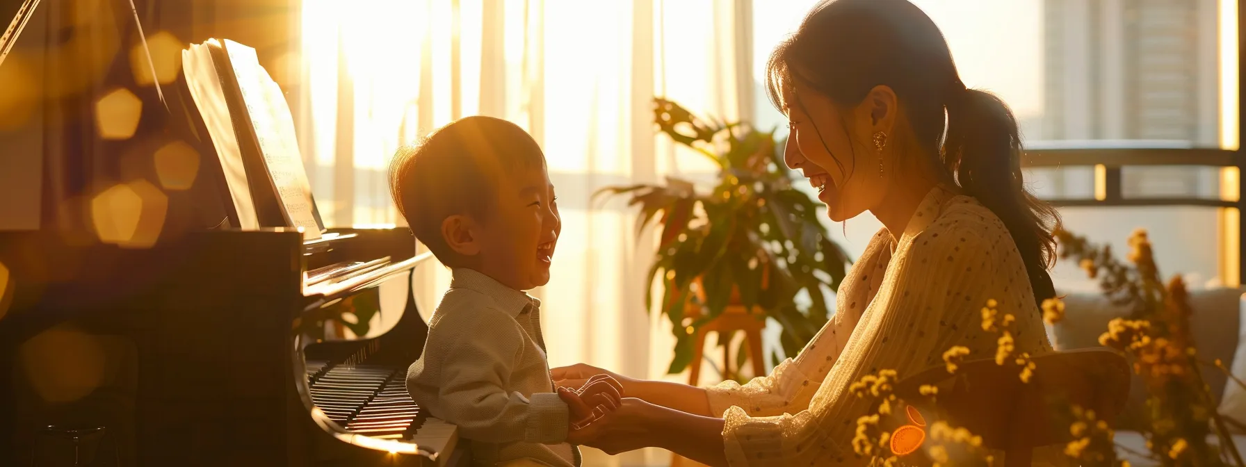 a child sitting at a piano with a proud parent beside them, smiling and clapping.