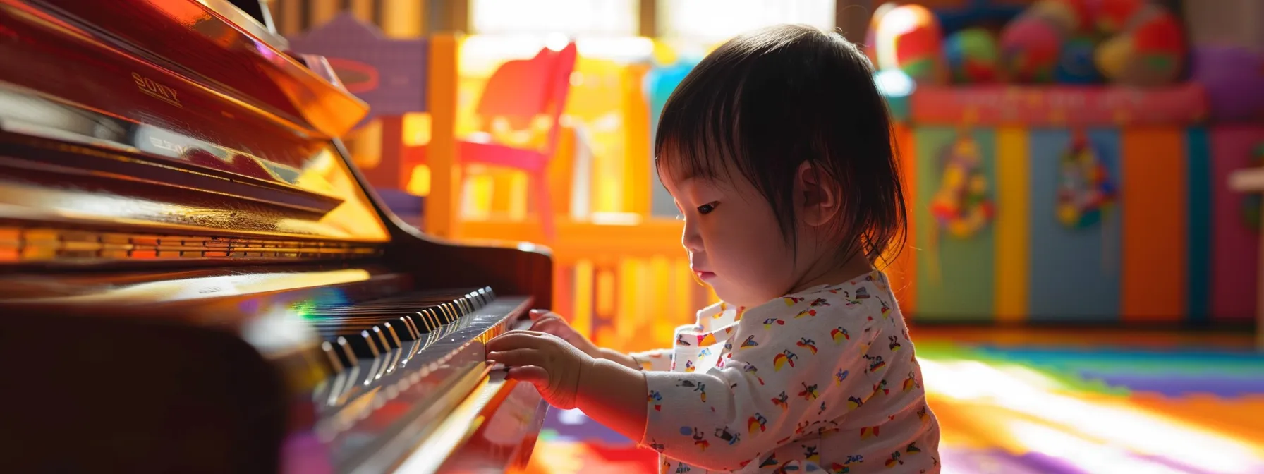 a young child sitting at a colorful piano, surrounded by vibrant visual aids and captivated by a storytelling music lesson.